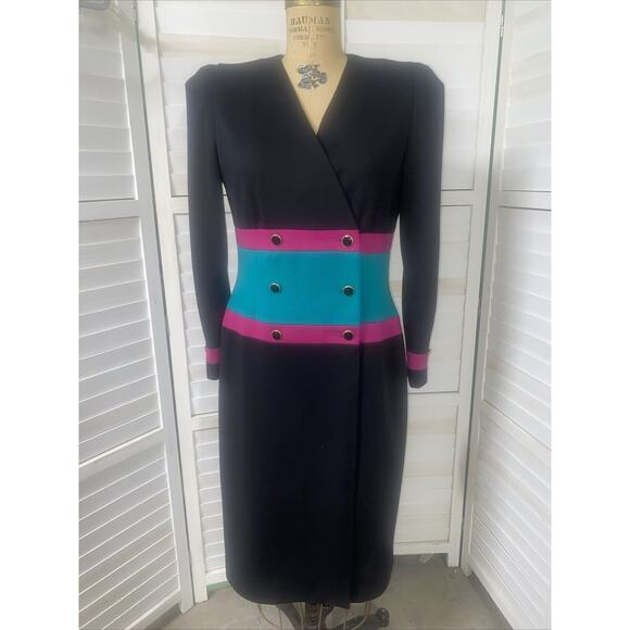80s Women’s Pencil Sheath Dress Leslie Fay Black & Jewel Colorblock Size 12P - Picture 1 of 8